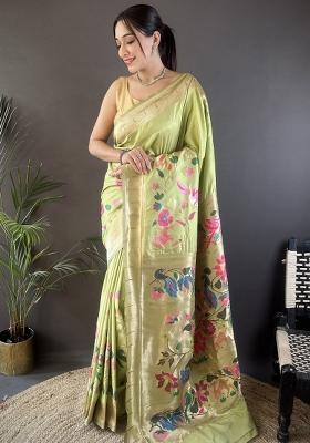 Pista Green Floral Silk Saree Set