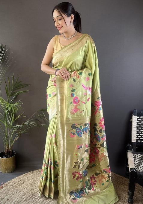 Pista Green Floral Silk Saree Set