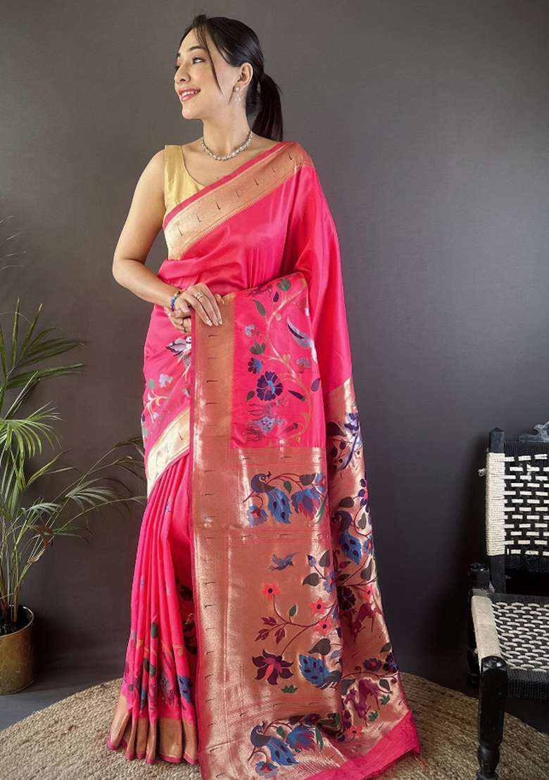 Pink Floral Silk Blend Saree Set for Diwali and Festive Wear - Indya
