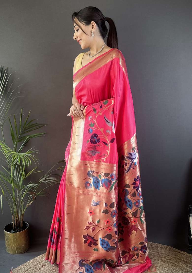 Pink Floral Silk Blend Saree Set for Diwali and Festive Wear - Indya