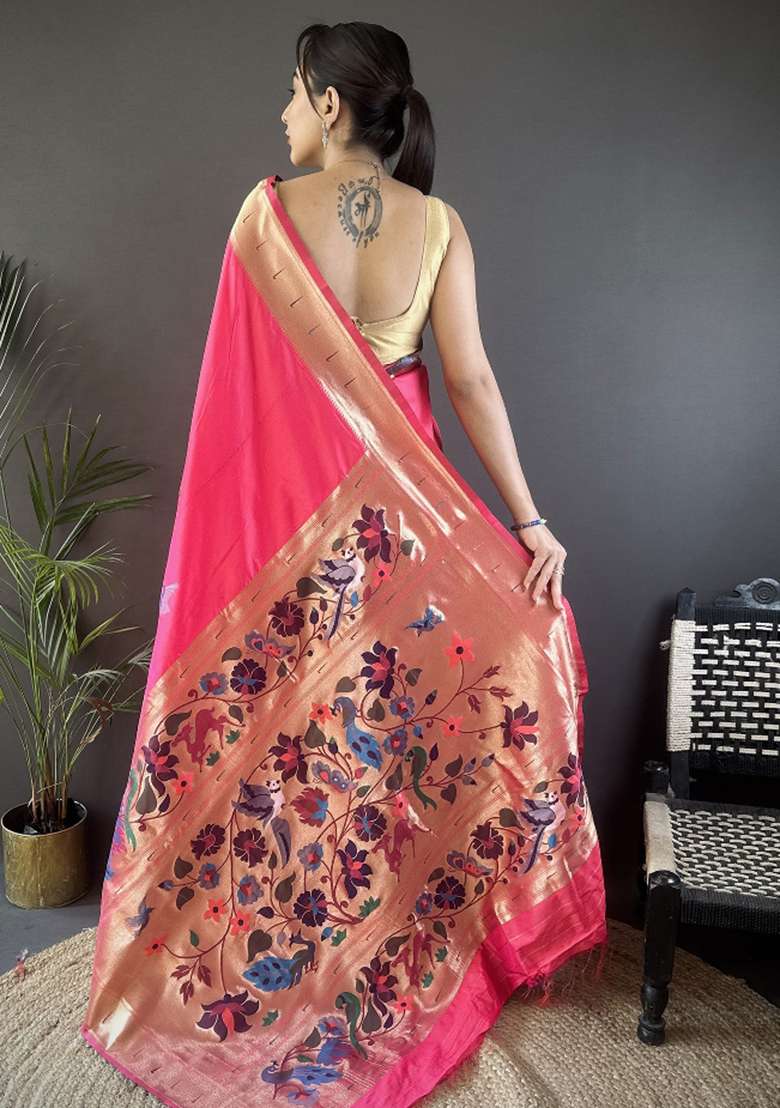 Pink Floral Silk Blend Saree Set for Diwali and Festive Wear - Indya