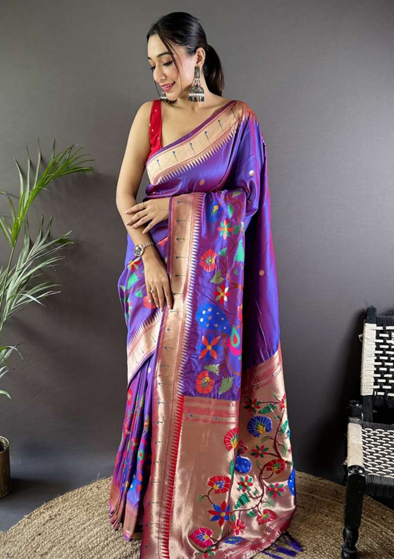 Red Embroidered Silk Blend Saree Set - Indya