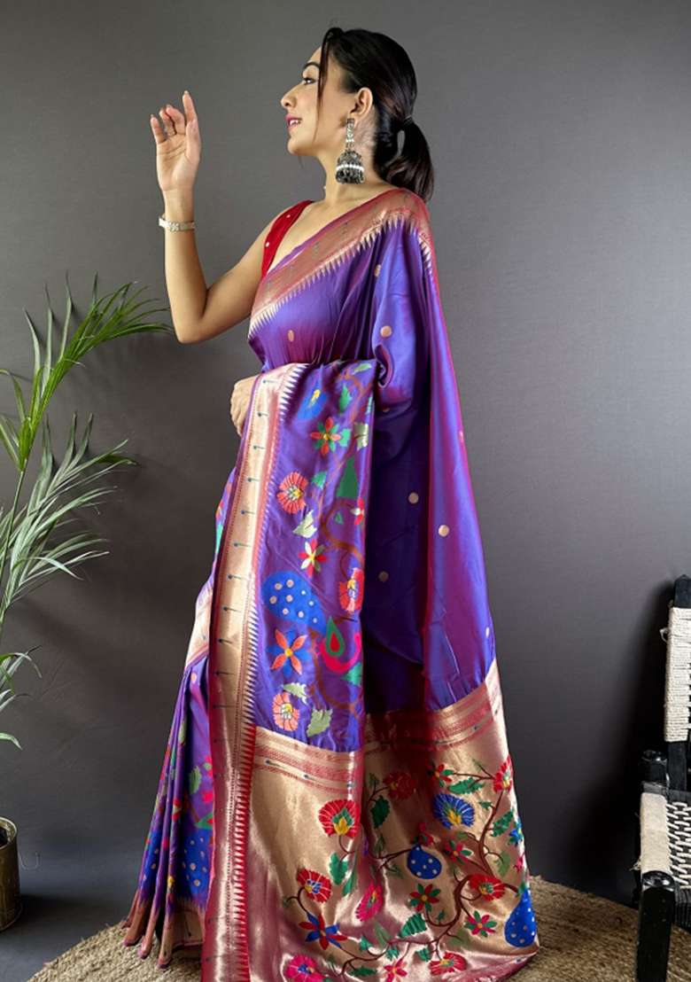 Red Embroidered Silk Blend Saree Set - Indya