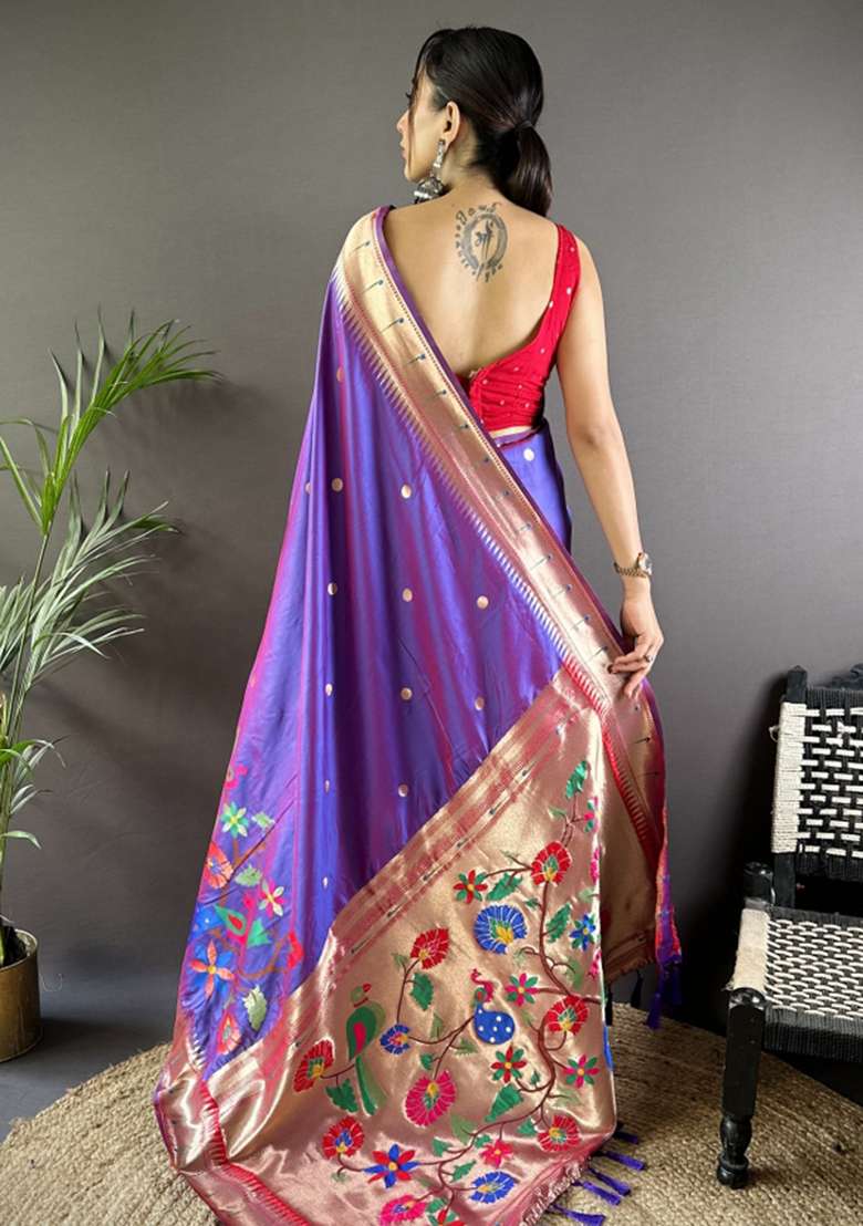 Red Embroidered Silk Blend Saree Set - Indya