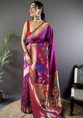 Rani Pink Embroidered Silk Saree Set