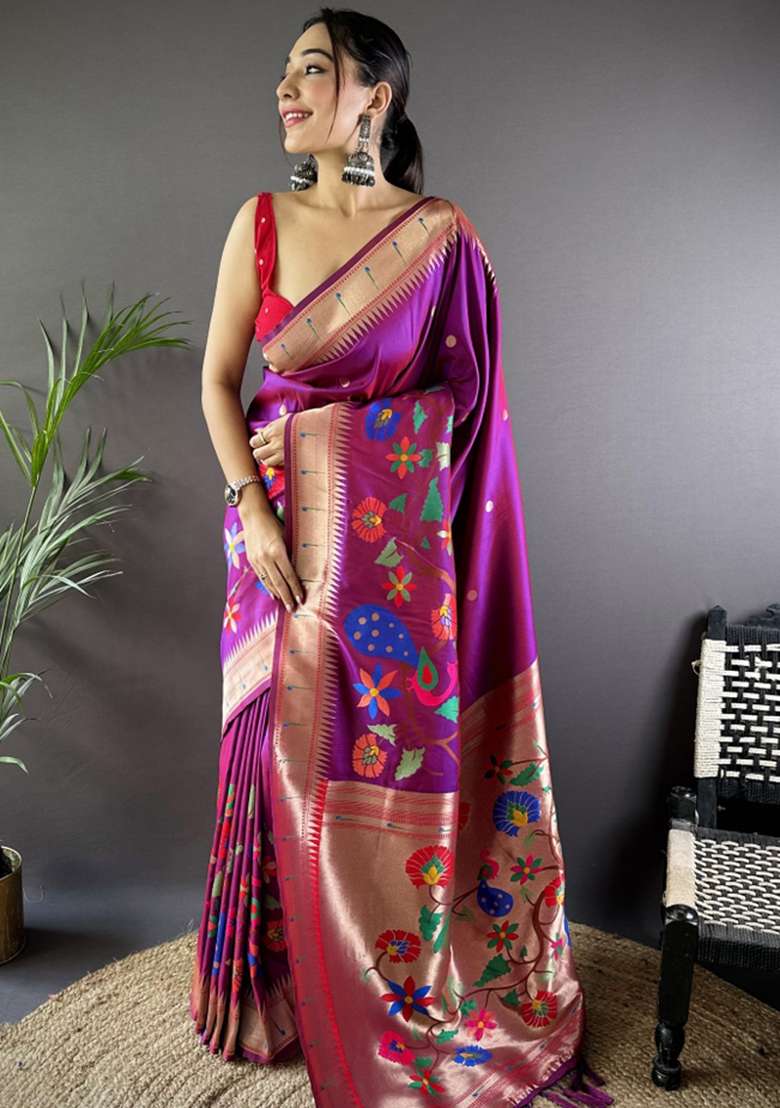 Rani Pink Embroidered Silk Blend Saree Set - Indya