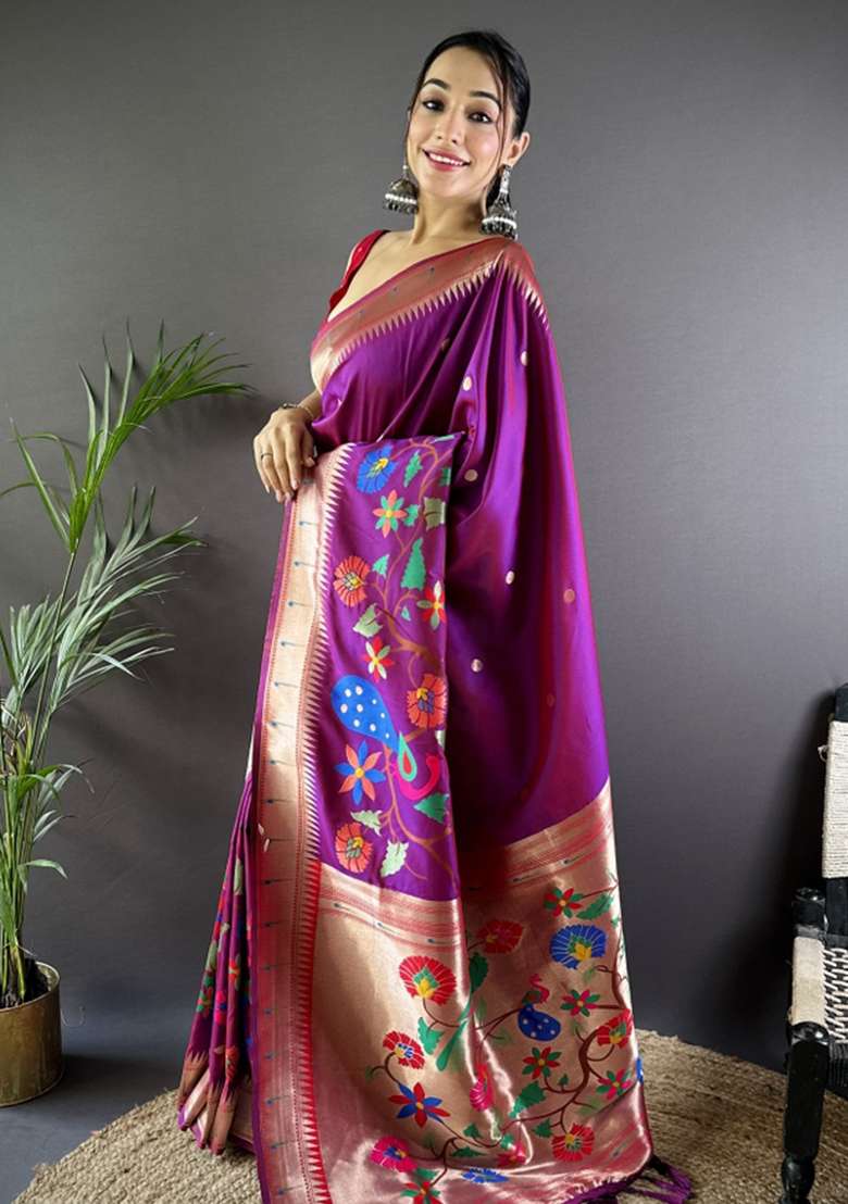 Rani Pink Embroidered Silk Blend Saree Set - Indya