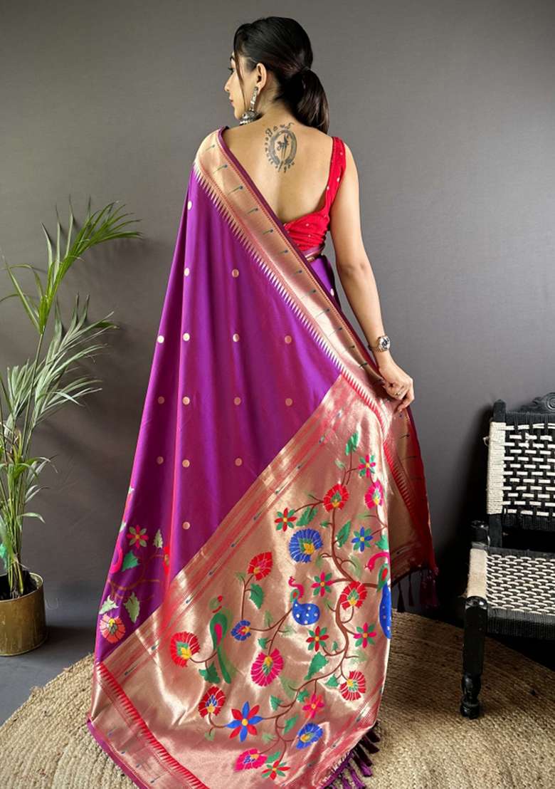 Rani Pink Embroidered Silk Blend Saree Set - Indya