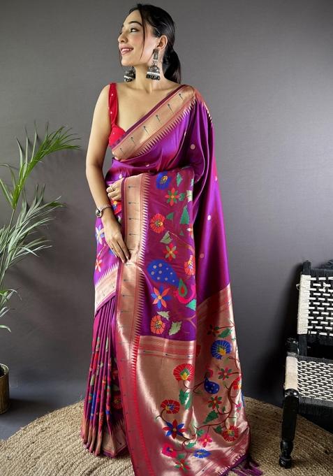 Rani Pink Embroidered Silk Saree Set
