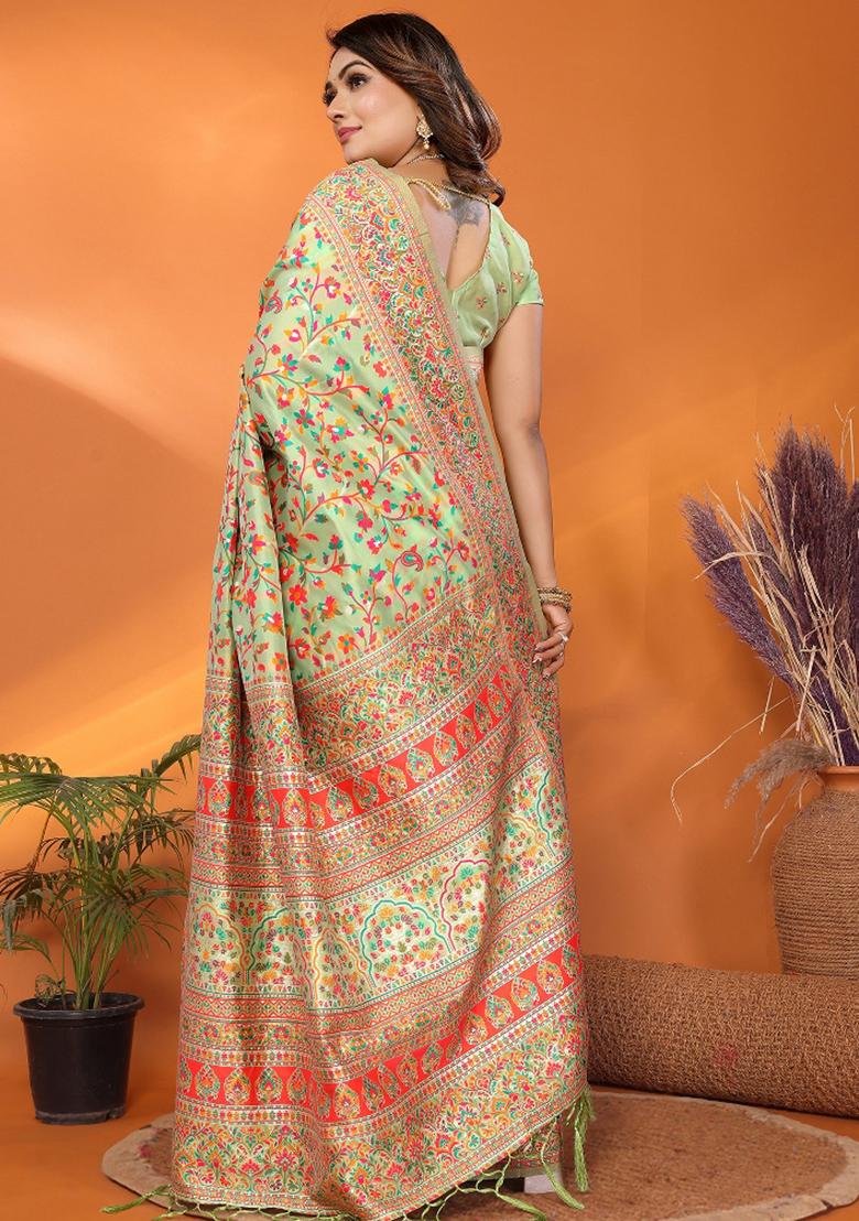 Pastel Green Embroidered Silk Saree Set