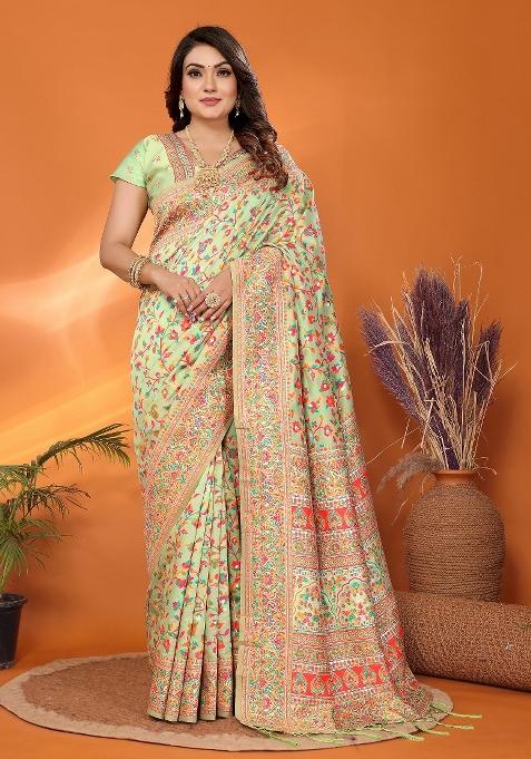Pastel Green Embroidered Silk Saree Set