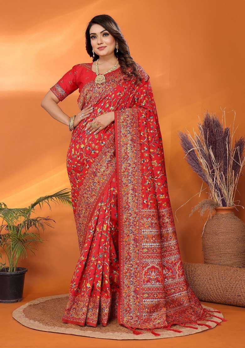 Red Silk Blend Saree Set with Embroidered for Diwali | Wedding & Festive Wear - Indya