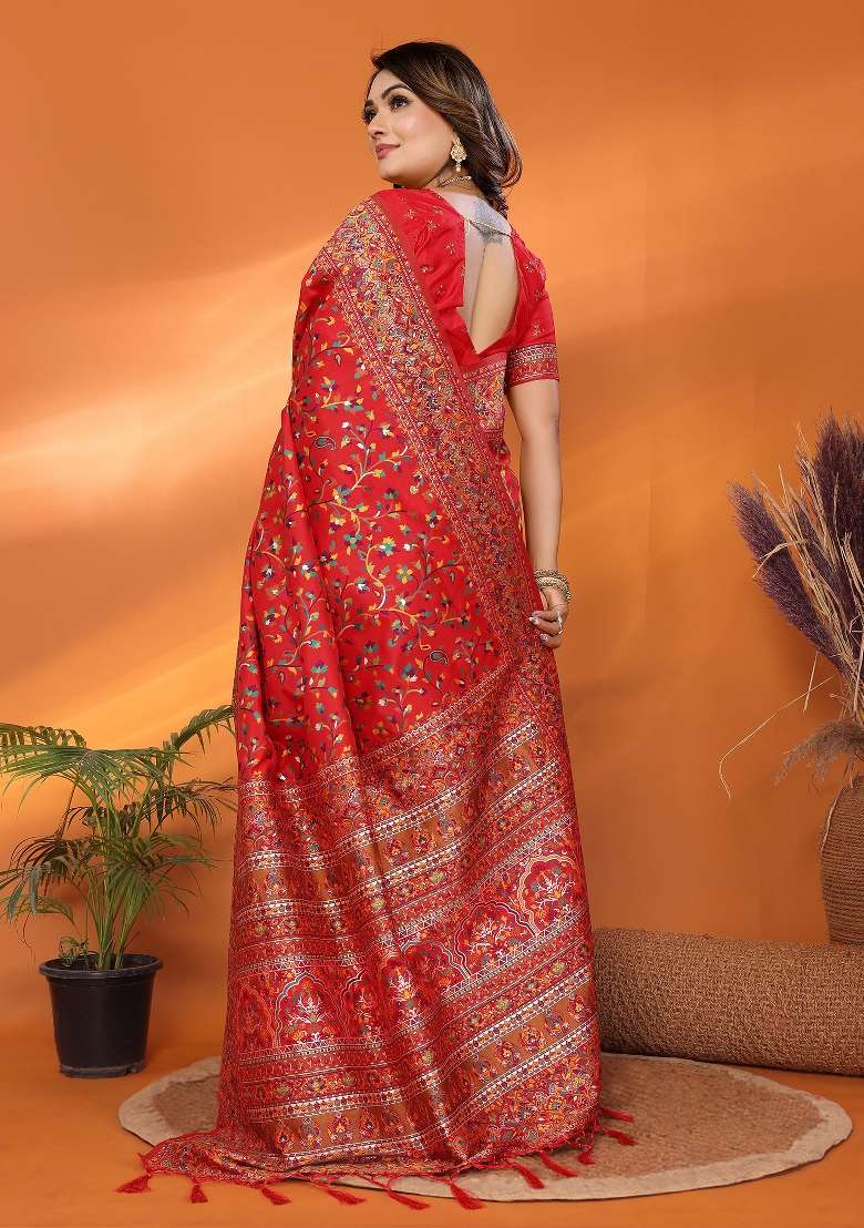 Red Silk Blend Saree Set with Embroidered for Diwali | Wedding & Festive Wear - Indya