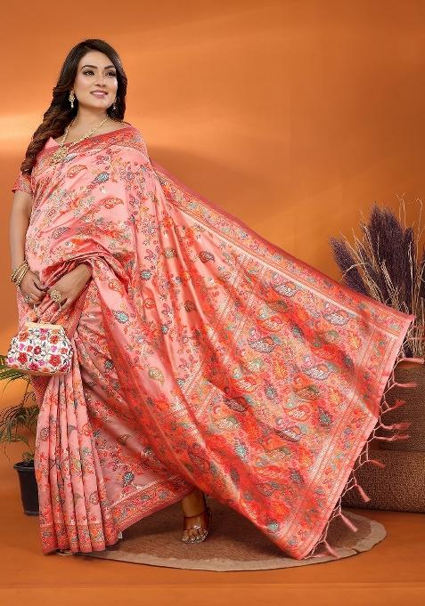 Peach Embroidered Silk Saree Set