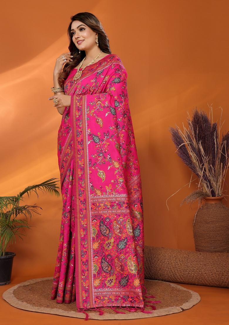Magenta Embroidered Silk Saree Set