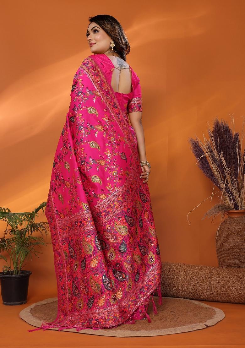 Magenta Embroidered Silk Saree Set