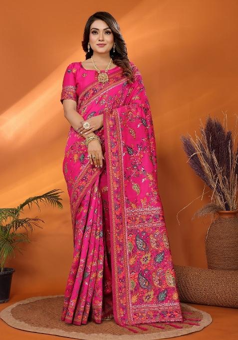 Magenta Embroidered Silk Saree Set