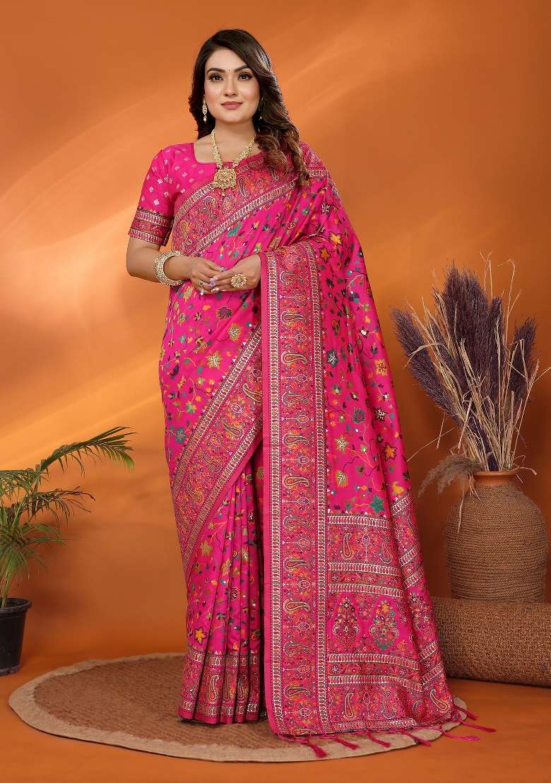 Pink Silk Blend Saree Set with Embroidered for Diwali | Wedding & Festive Wear - Indya