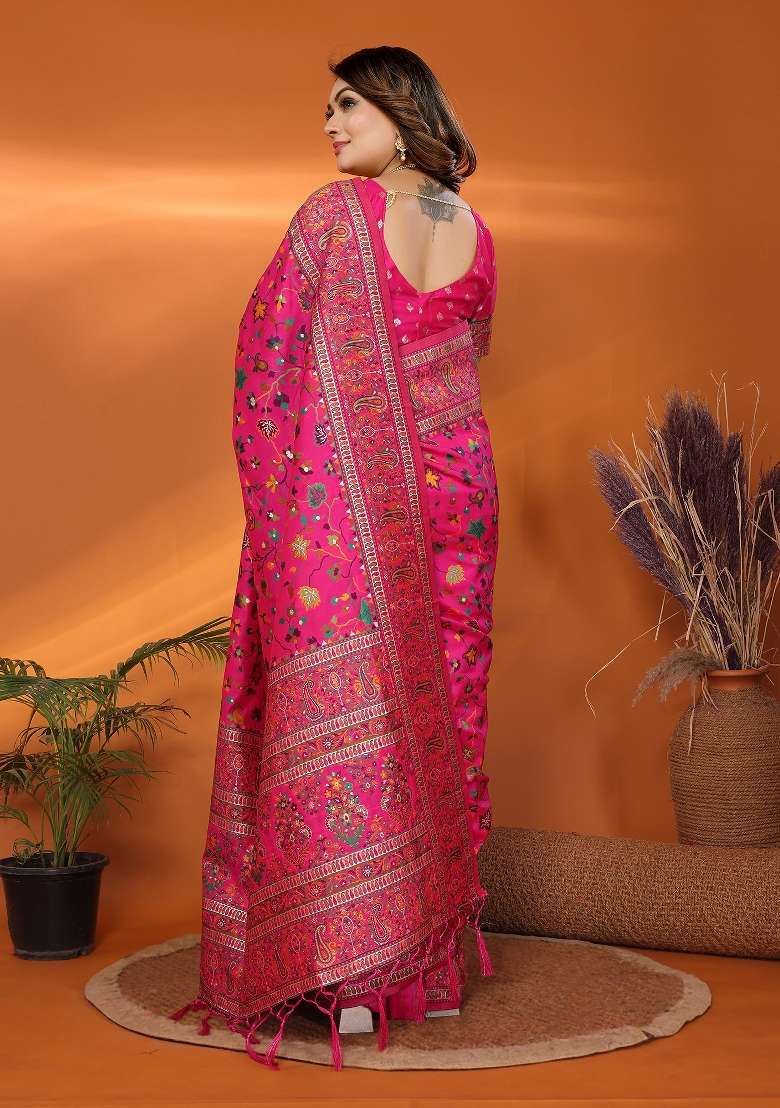 Pink Silk Blend Saree Set with Embroidered for Diwali | Wedding & Festive Wear - Indya