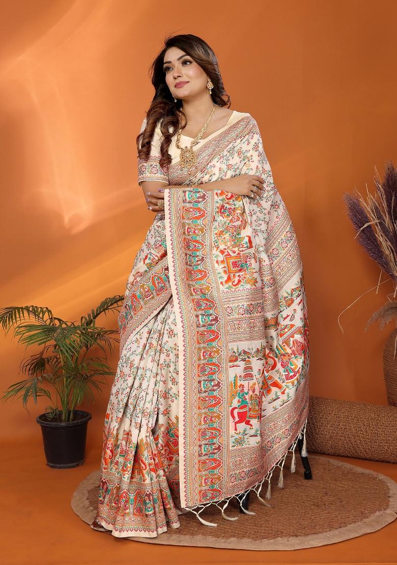 Off White Embroidered Silk Saree Set