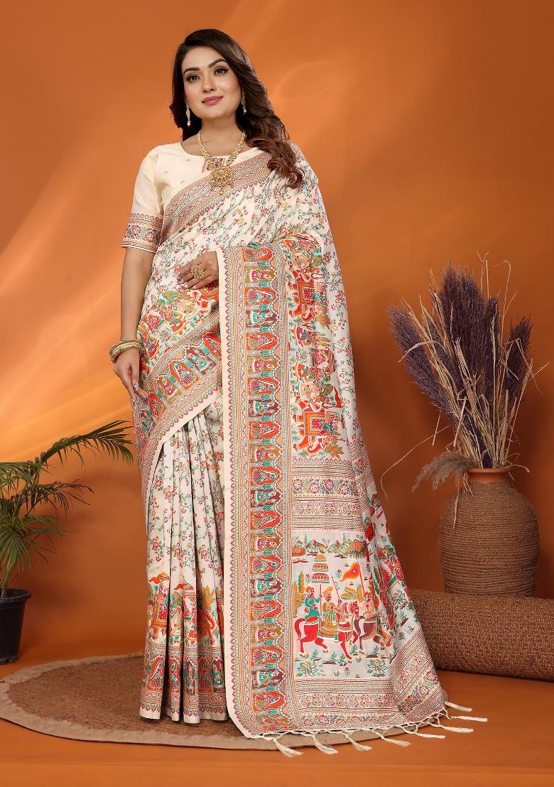 Off White Embroidered Silk Saree Set