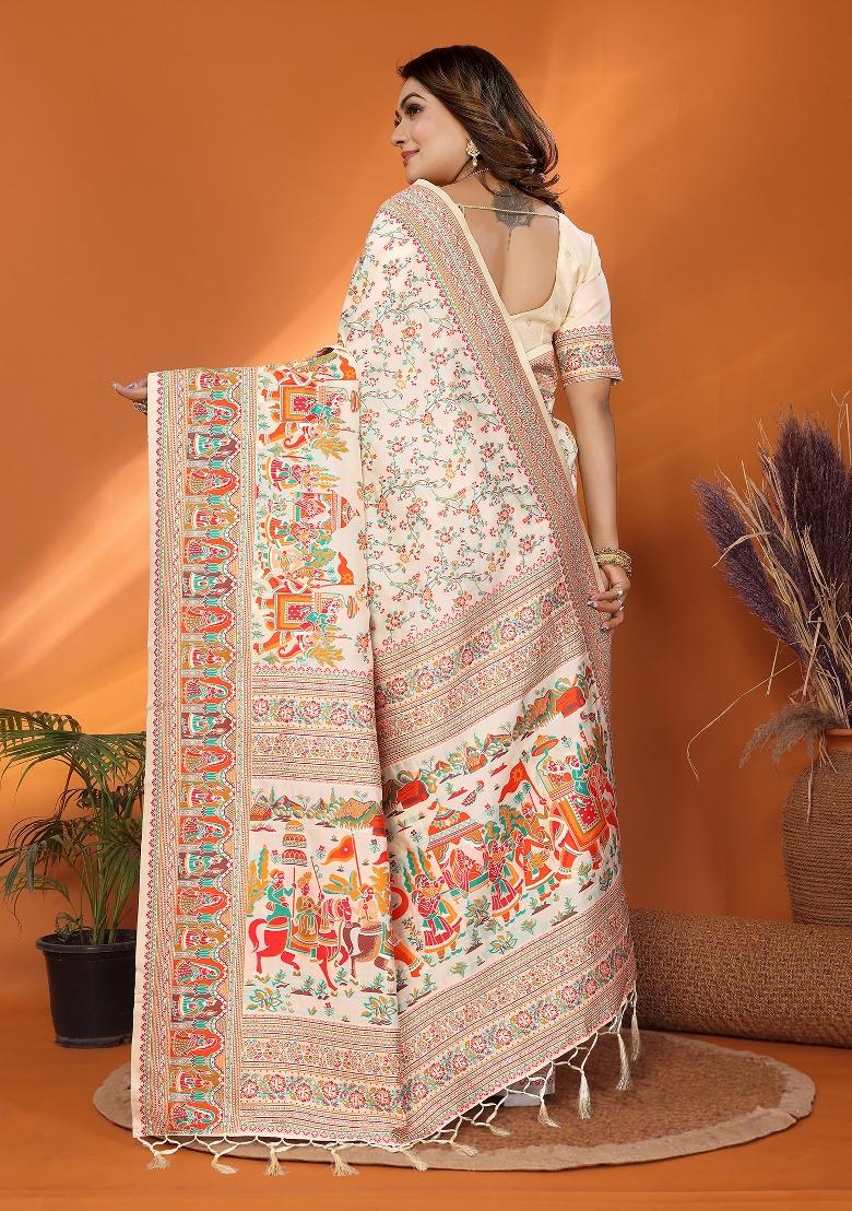Off White Embroidered Silk Saree Set