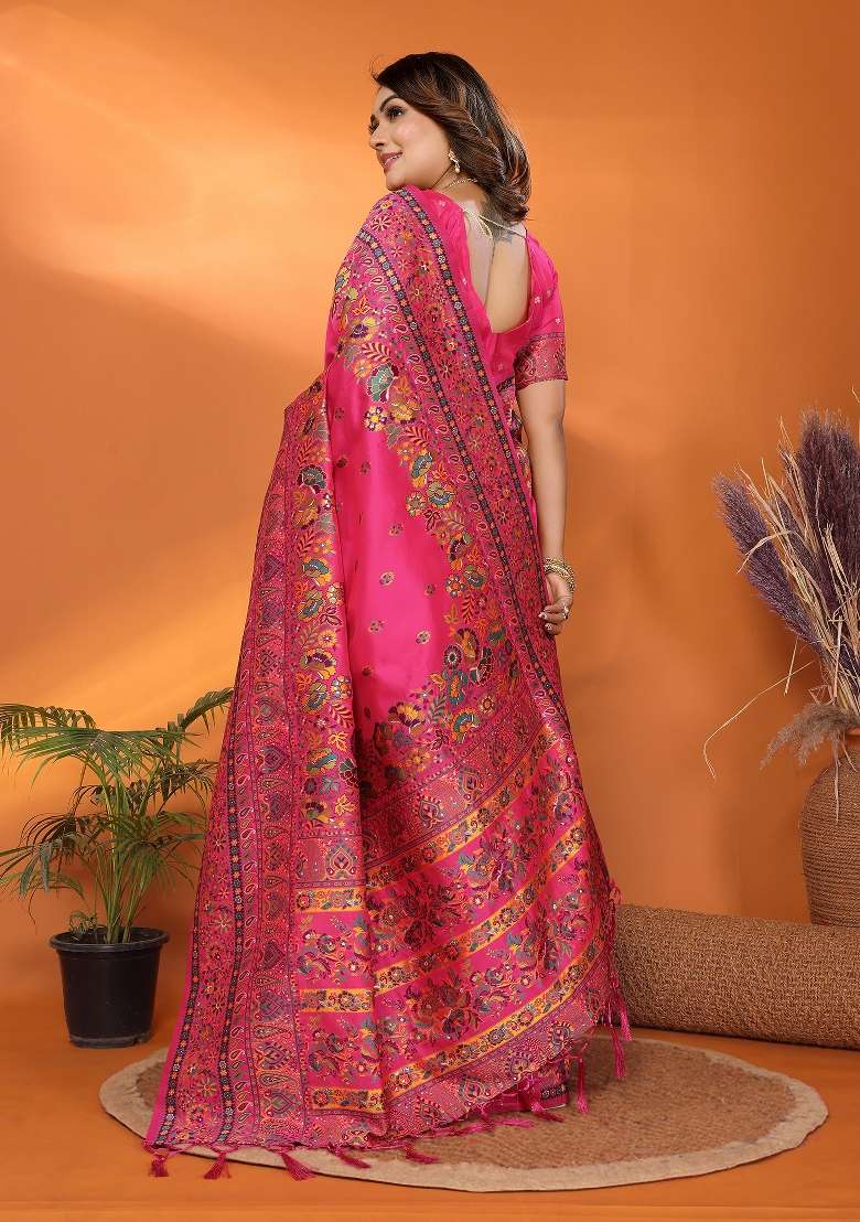 Rani Pink Silk Blend Saree Set with Embroidered for Diwali | Wedding & Festive Wear - Indya