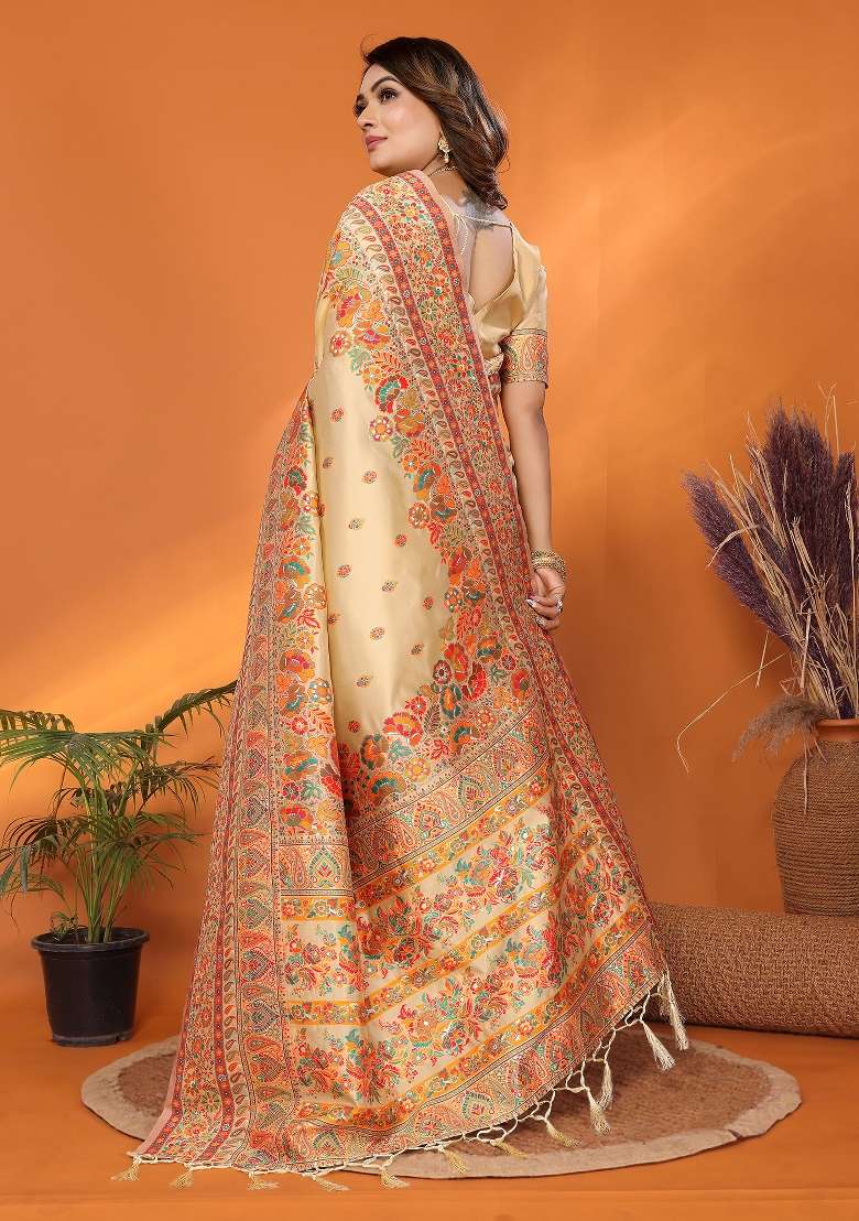 Beige Embroidered Silk Blend Saree Set for Diwali and Festive Wear - Indya