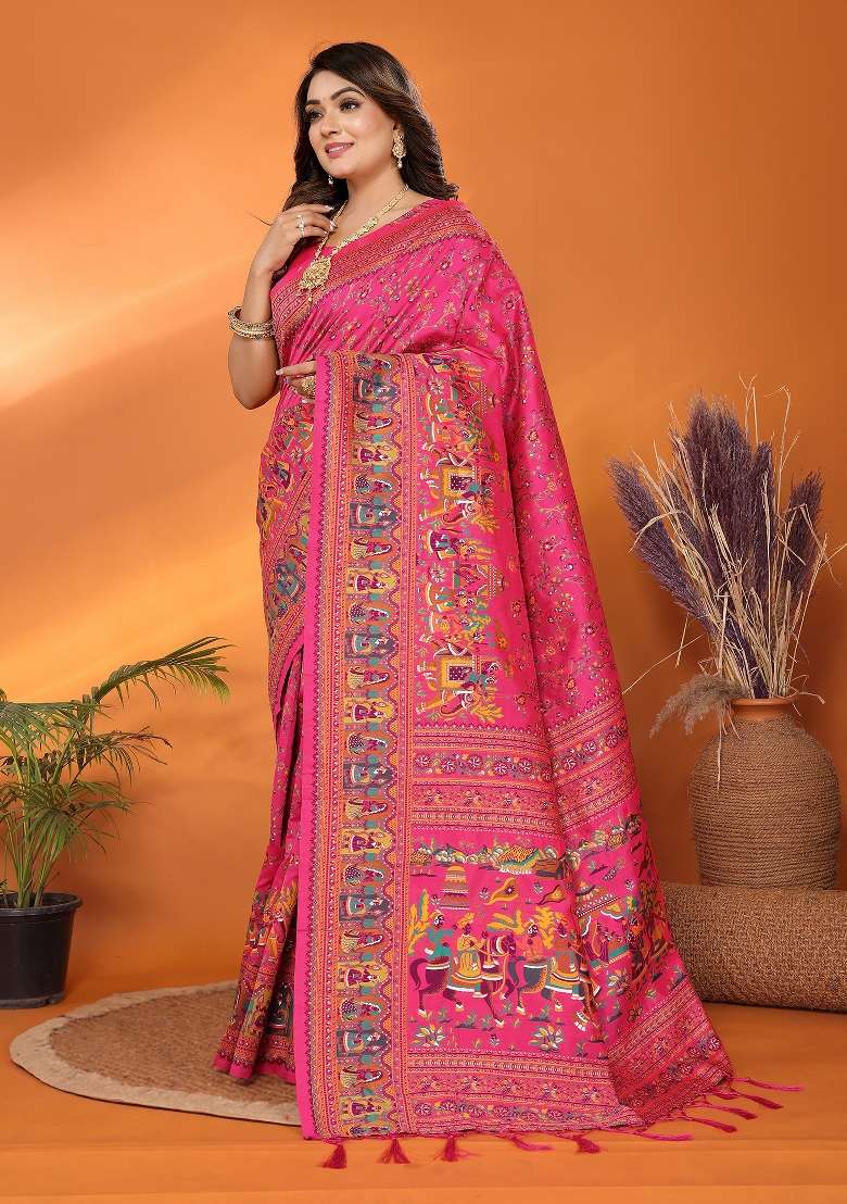 Pink Embroidered Silk Blend Saree Set for Diwali and Festive Wear - Indya