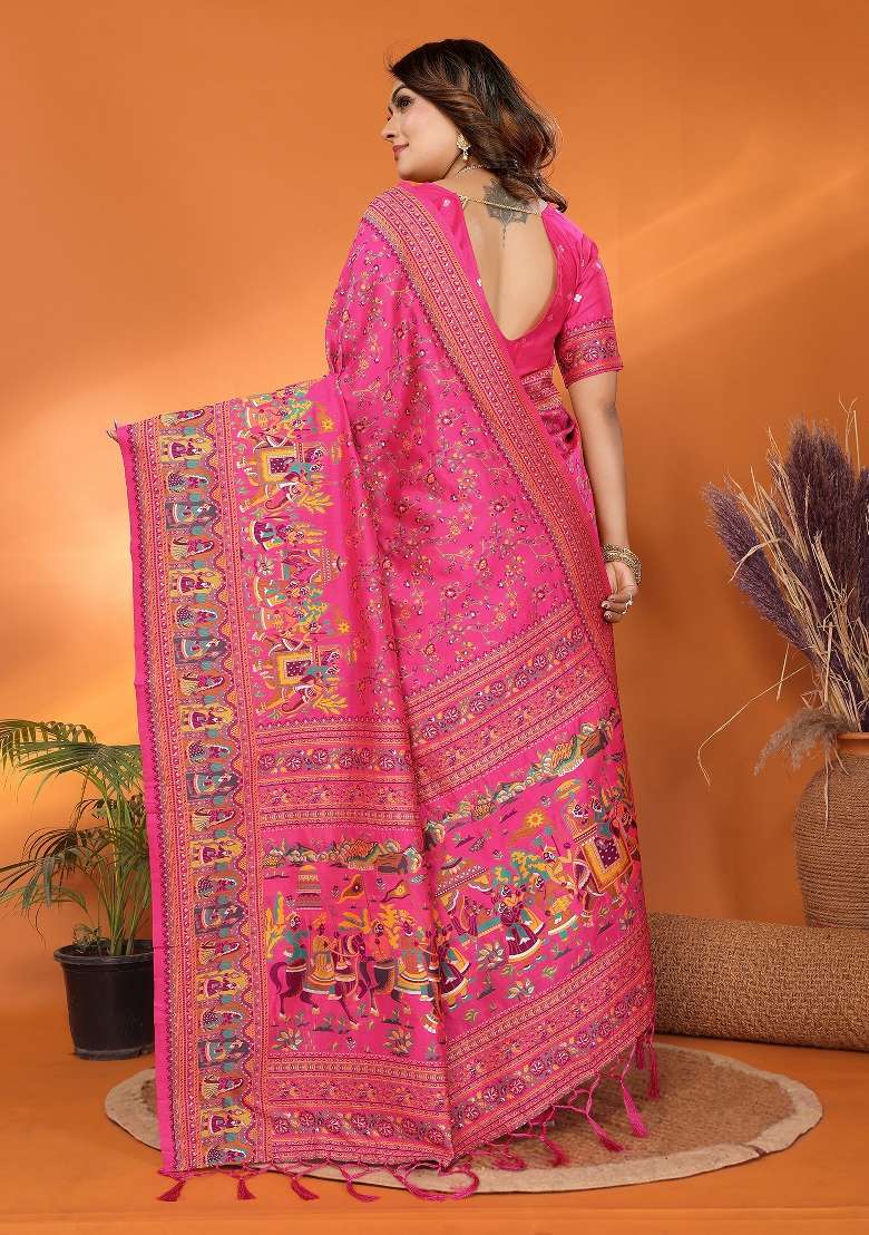 Pink Embroidered Silk Blend Saree Set for Diwali and Festive Wear - Indya