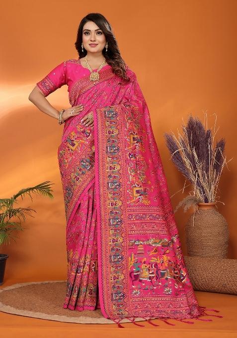 Pink Embroidered Silk Saree Set
