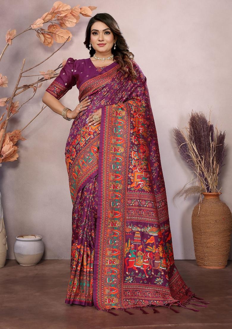 Wine Embroidered Silk Saree Set