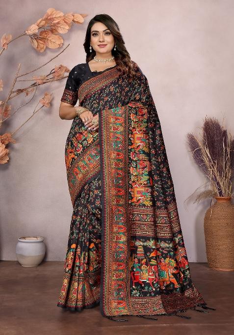 Black Embroidered Silk Saree Set