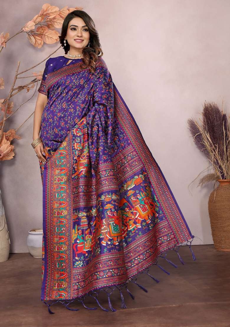 Purple Embroidered Silk Blend Saree Set for Diwali and Festive Wear - Indya