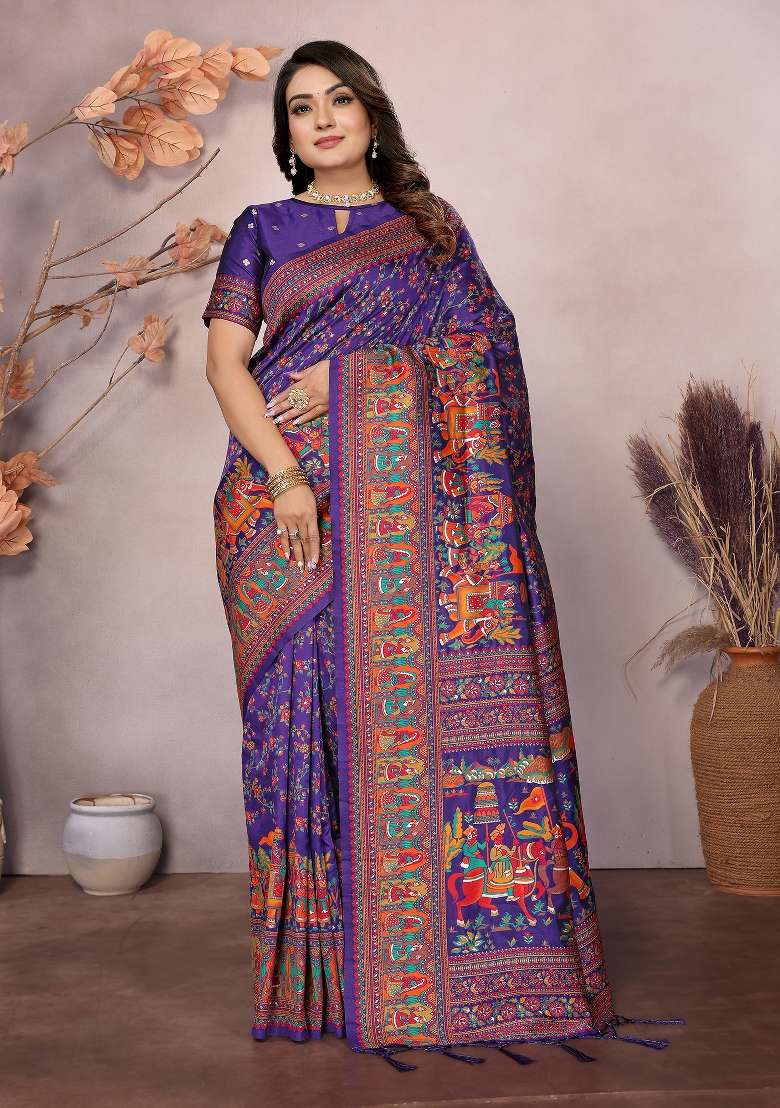 Purple Embroidered Silk Blend Saree Set for Diwali and Festive Wear - Indya