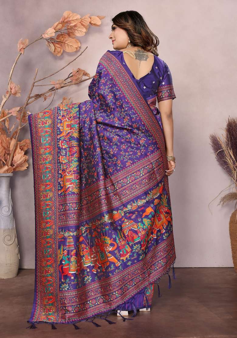 Purple Embroidered Silk Blend Saree Set for Diwali and Festive Wear - Indya