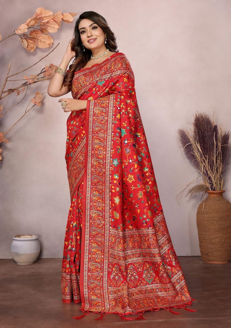 Red Embroidered Silk Saree Set