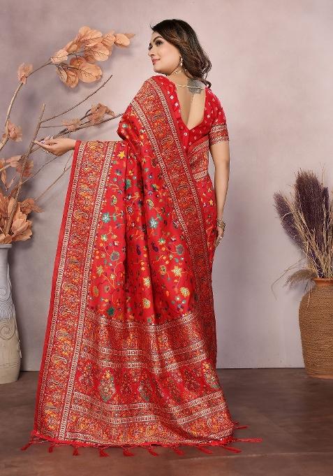 Red Embroidered Silk Saree Set