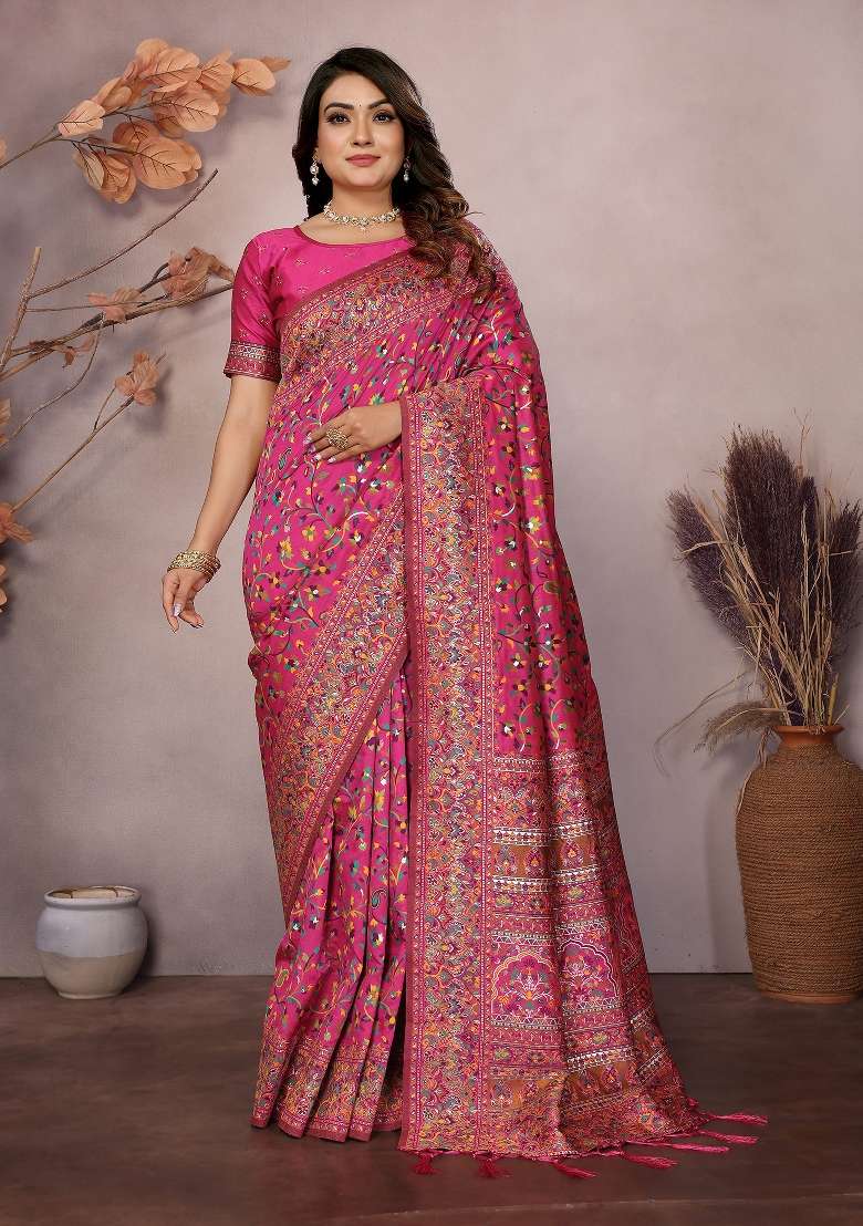 Rani Pink Embroidered Silk Blend Saree Set for Diwali and Festive Wear - Indya
