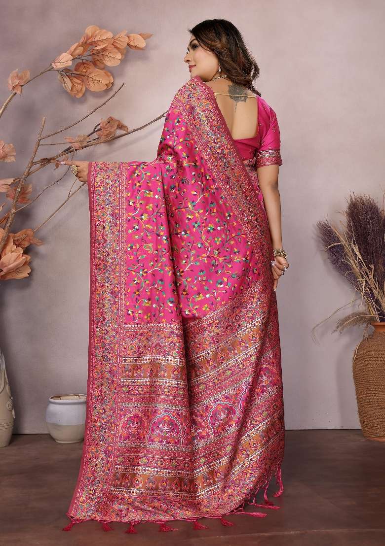 Rani Pink Embroidered Silk Blend Saree Set for Diwali and Festive Wear - Indya