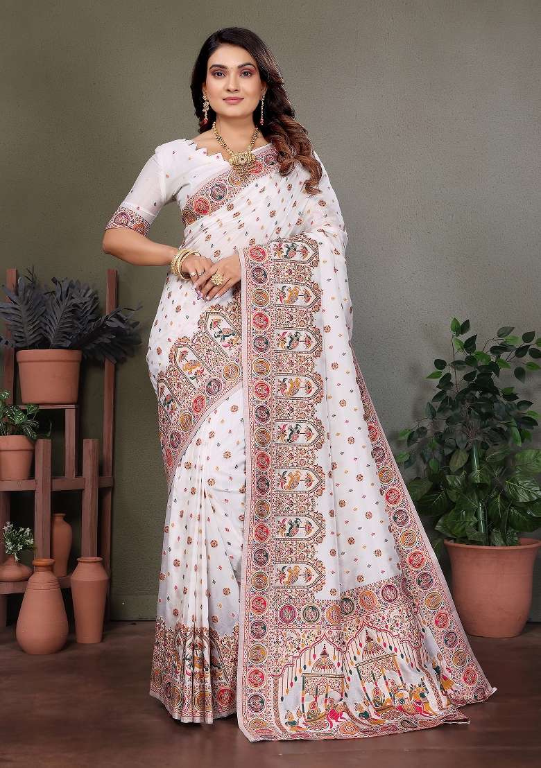 White Woven Silk Blend Saree Set for Diwali and Festive Wear - Indya