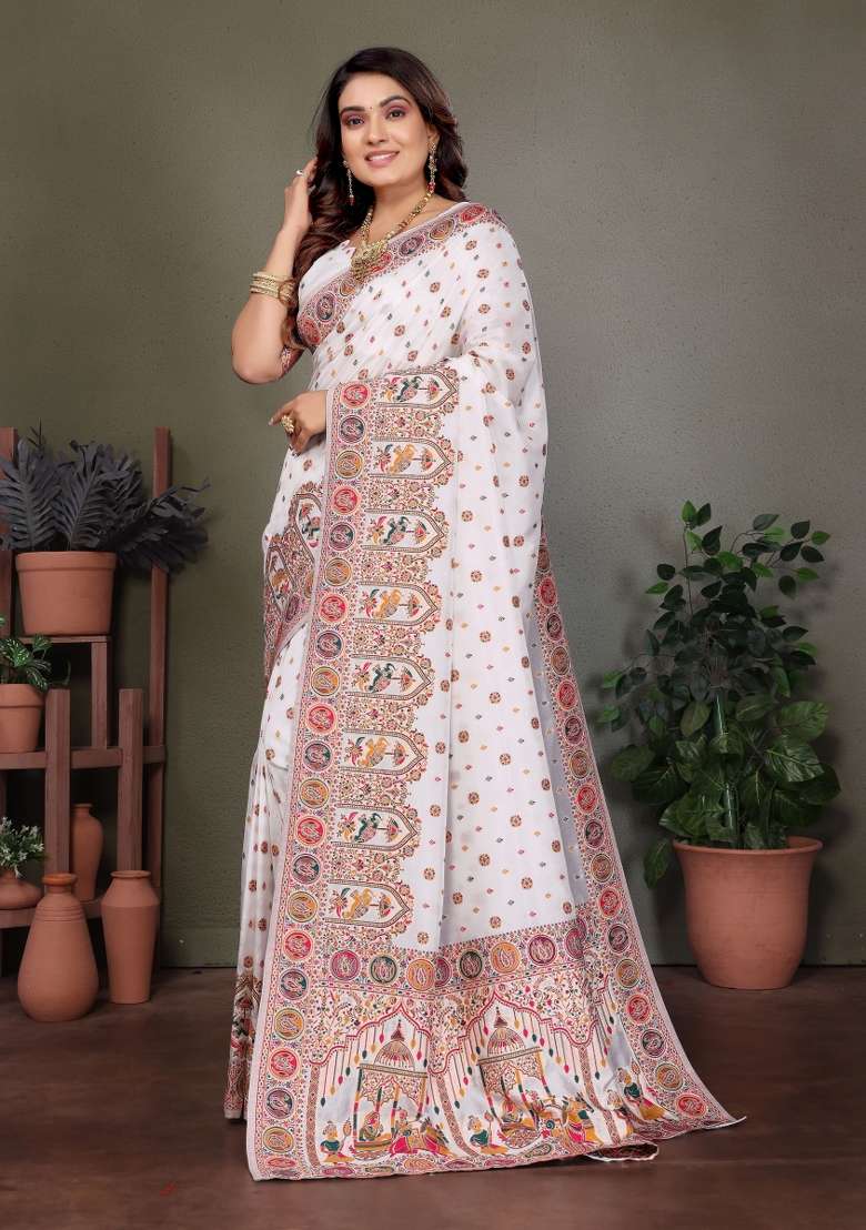 White Woven Silk Blend Saree Set for Diwali and Festive Wear - Indya