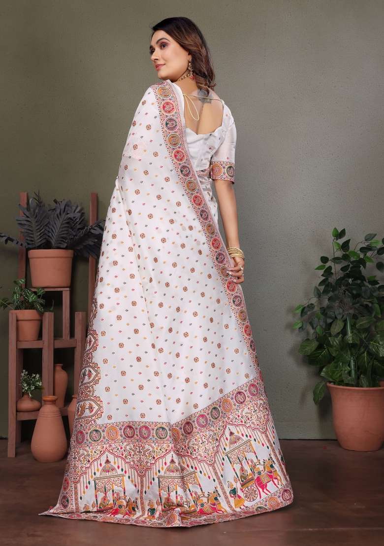 White Woven Silk Blend Saree Set for Diwali and Festive Wear - Indya