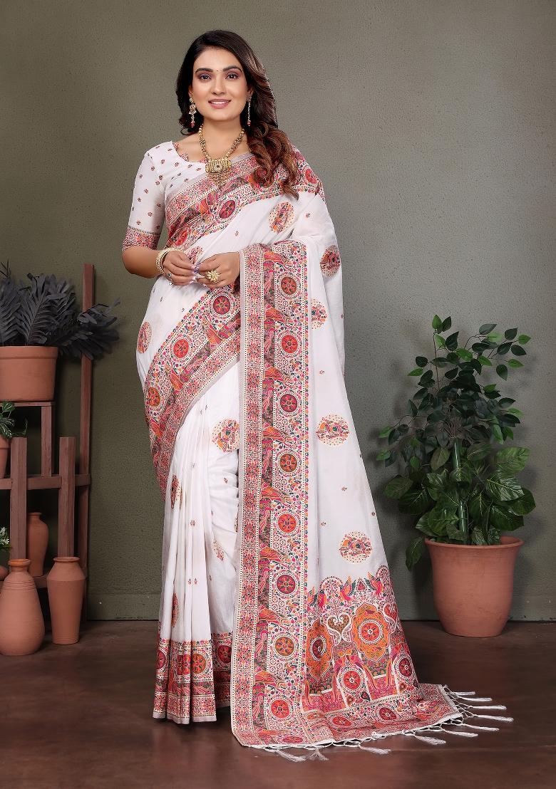 White Woven Silk Saree Set