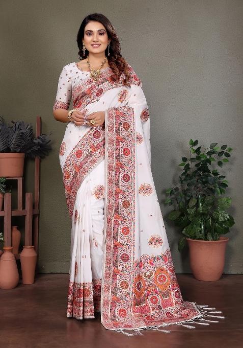 White Woven Silk Saree Set