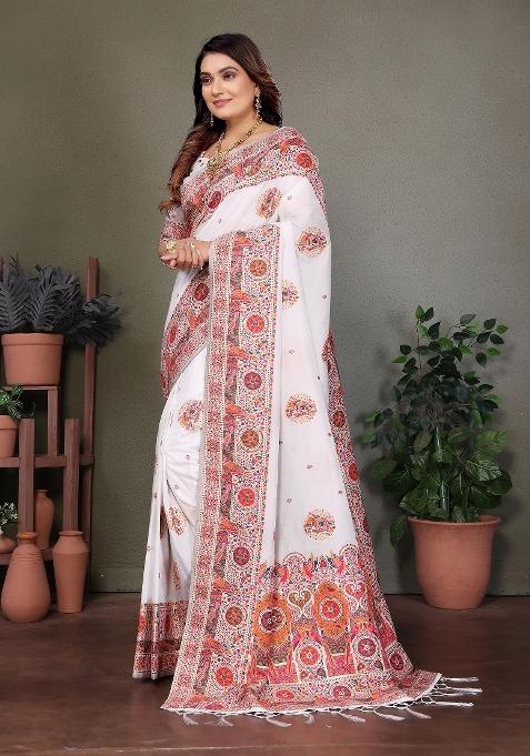 White Woven Silk Saree Set