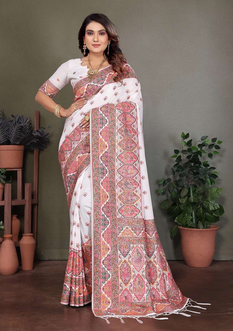 White Woven Silk Saree Set - Indya