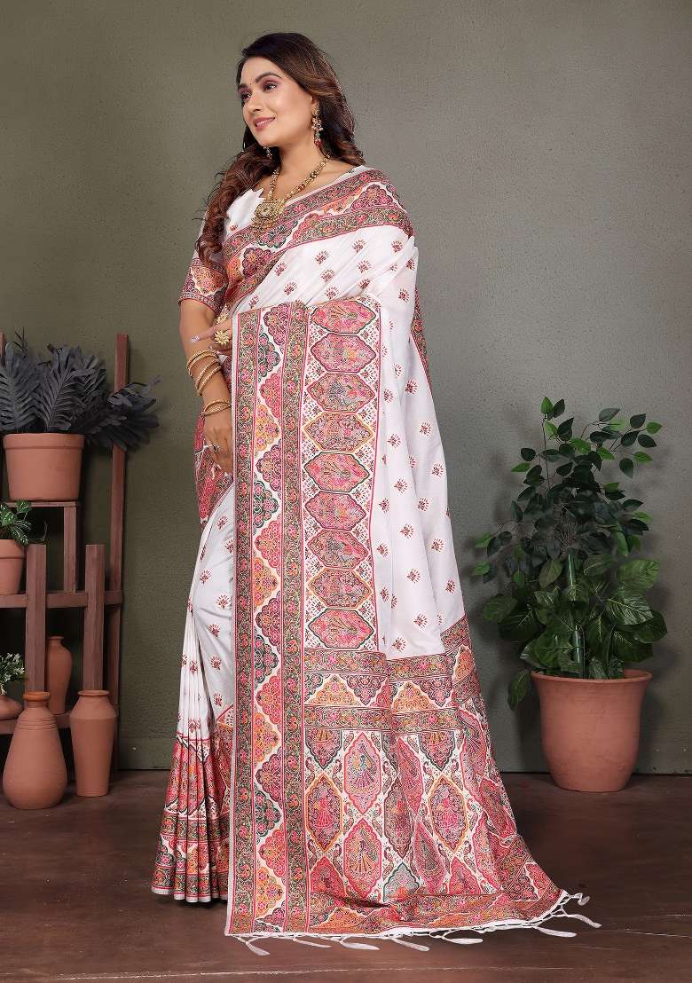 White Woven Silk Saree Set - Indya
