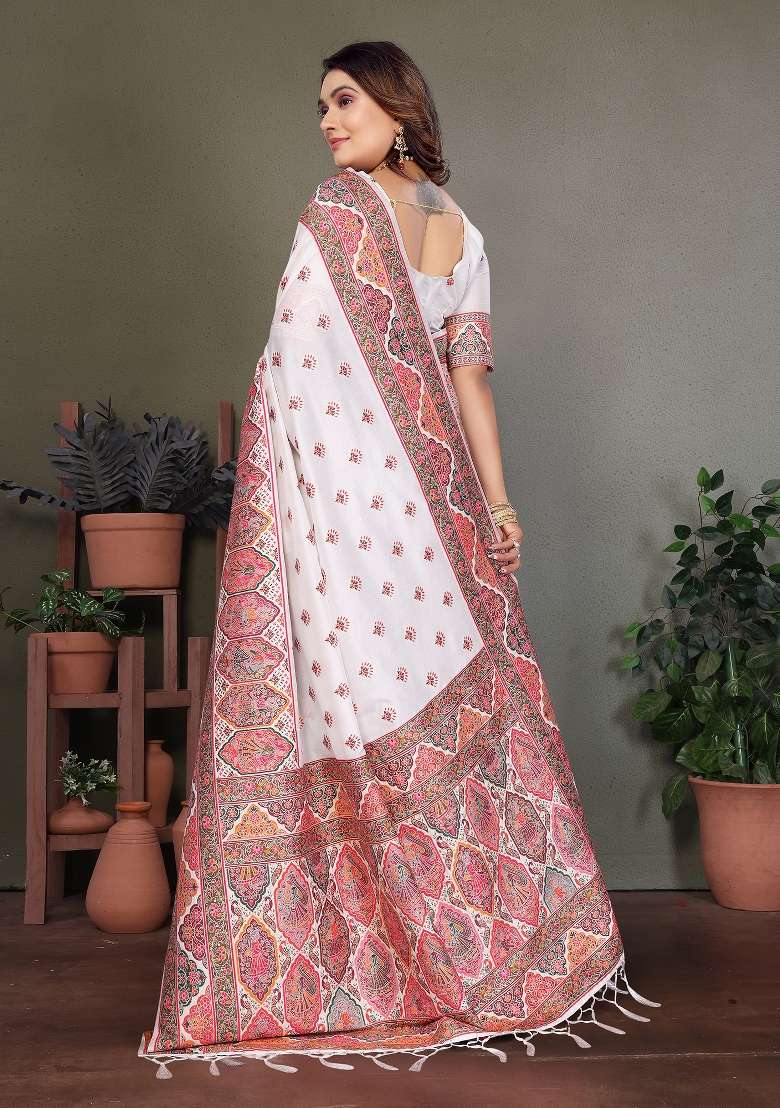 White Woven Silk Saree Set - Indya