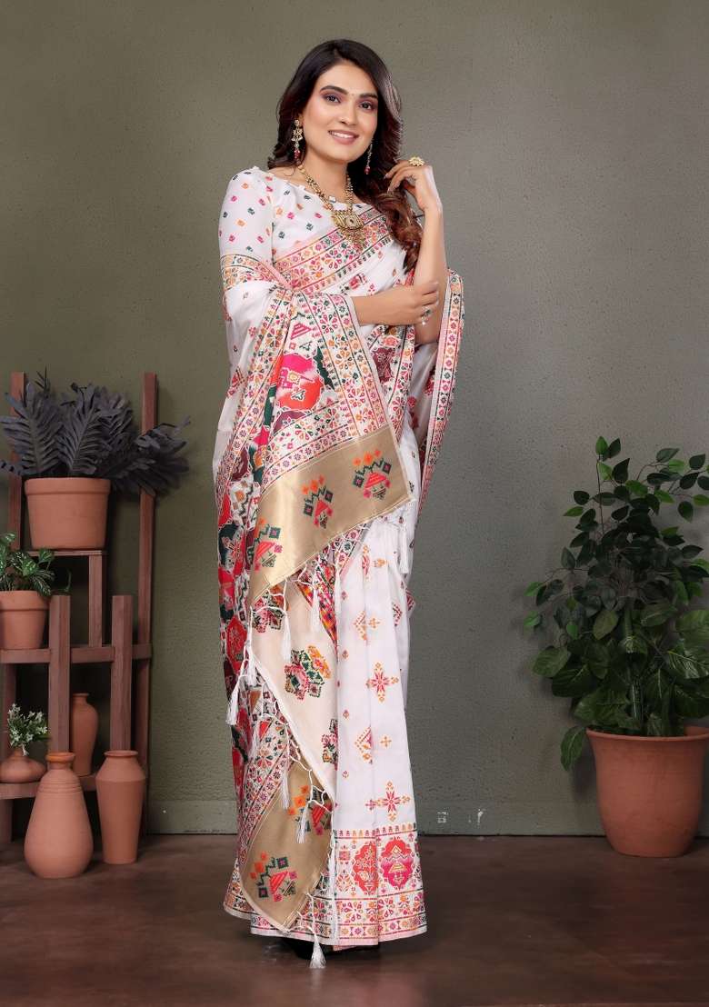 White Woven Silk Blend Saree Set for Diwali and Festive Wear - Indya